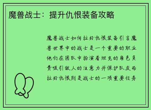 魔兽战士：提升仇恨装备攻略